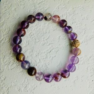 Purple Phantom Ghost Quartz Crystal Bead Bracelet Gold